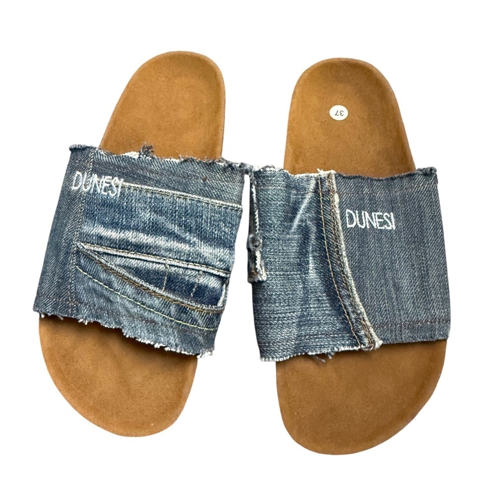 Dunesi Upcycled Denim Slide Sandals Blue Frayed Raw Edge Platform Womens 37